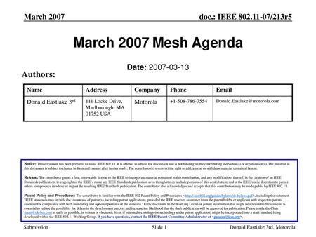 March 2007 Mesh Agenda Authors: March 2007 Date: March 2007