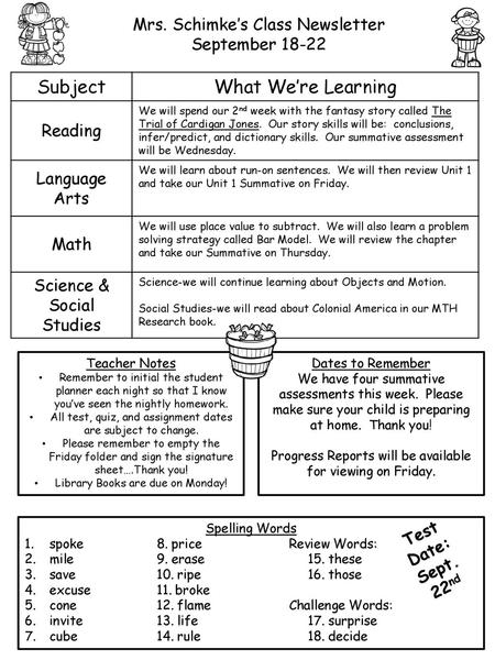 Subject What We’re Learning Mrs. Schimke’s Class Newsletter