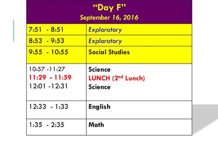 “Day F” September 16, :51 - 8:51 Exploratory 8:53 - 9:53