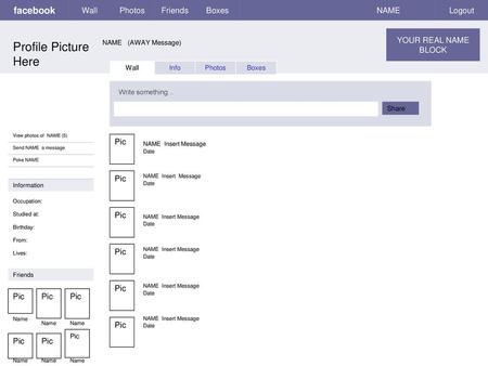 Profile Picture Here facebook Wall Photos Friends Boxes NAME Logout