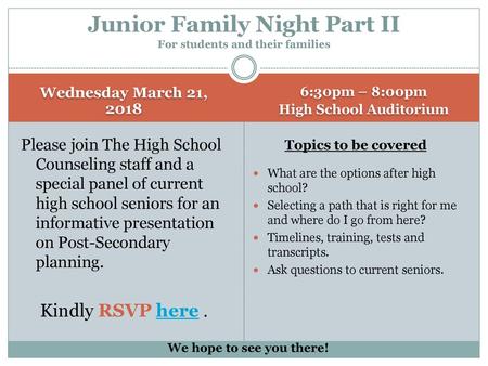 Junior Family Night Part II For students and their families