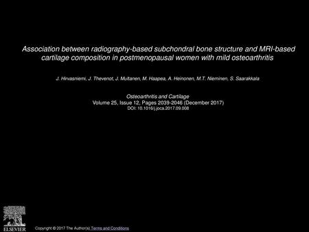 Association between radiography-based subchondral bone structure and MRI-based cartilage composition in postmenopausal women with mild osteoarthritis 