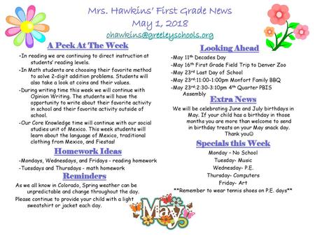 Mrs. Hawkins’ First Grade News May 1, 2018