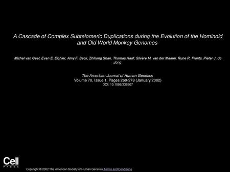 A Cascade of Complex Subtelomeric Duplications during the Evolution of the Hominoid and Old World Monkey Genomes  Michel van Geel, Evan E. Eichler, Amy.