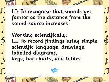 LI: To recognise that sounds get fainter as the distance from the sound source increases.   Working scientifically: LI: To record findings using simple.