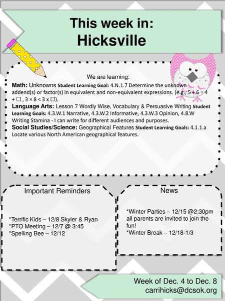 Hicksville This week in: We are learning: Week of Dec. 4 to Dec. 8