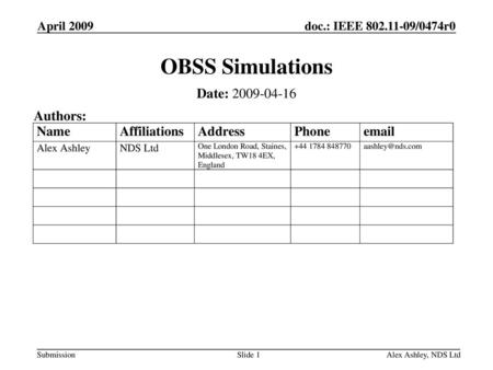 OBSS Simulations Date: Authors: April 2009 April 2009