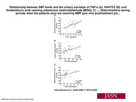 Relationship between SBP levels and the urinary excretion of TNF-α (A), RANTES (B), and thiobarbituric acid–reacting substances (malondialdehyde [MDA];