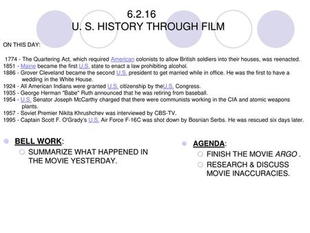 U. S. HISTORY THROUGH FILM