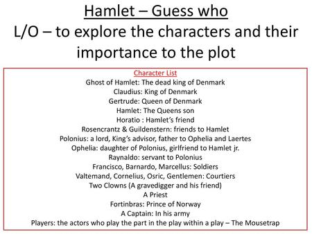 Character List Ghost of Hamlet: The dead king of Denmark