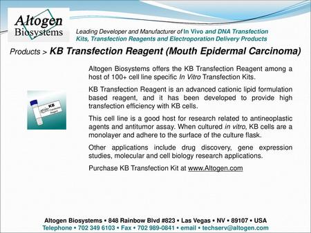 Products > KB Transfection Reagent (Mouth Epidermal Carcinoma)