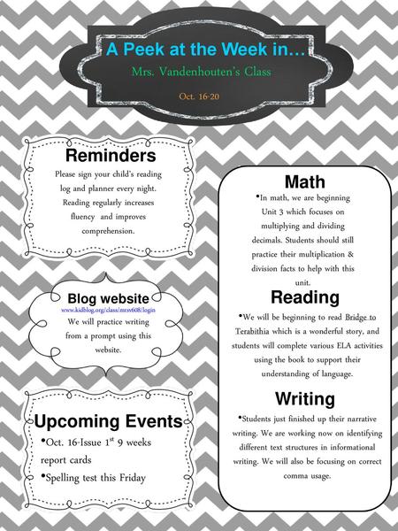 A Peek at the Week in… Reminders Math Reading Writing Upcoming Events