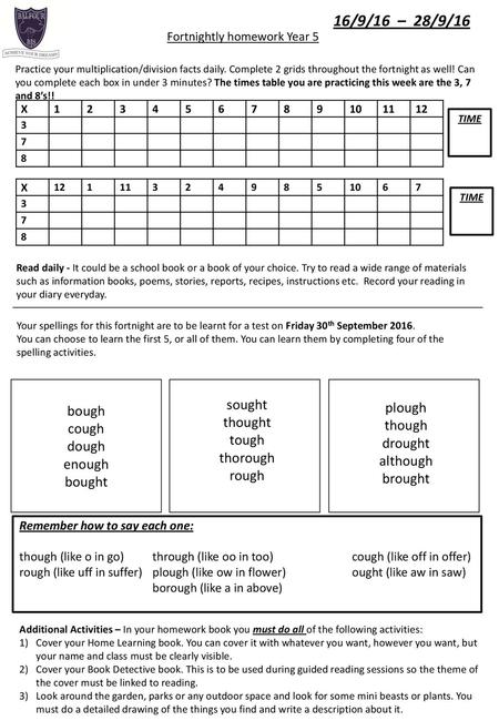 16/9/16 – 28/9/16 bough sought plough cough thought though dough tough