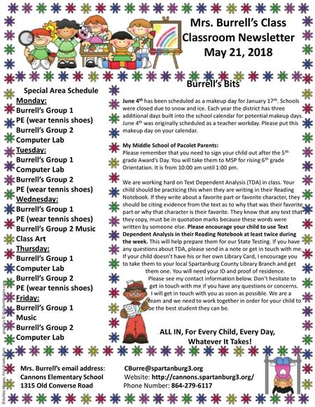 Classroom Newsletter May 21, 2018