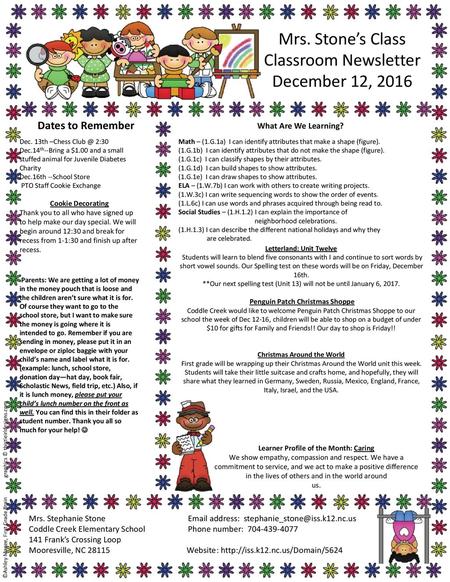 Mrs. Stone’s Class Classroom Newsletter December 12, 2016