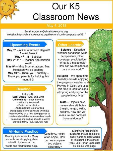 Our K5 Classroom News May 4, 2018 Upcoming Events Other Learning