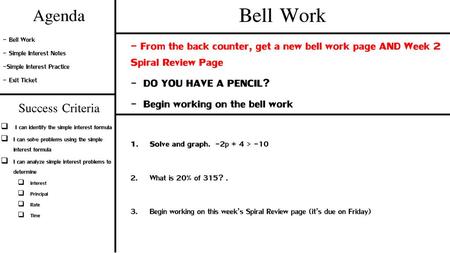 Bell Work Agenda Success Criteria