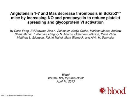 Angiotensin 1-7 and Mas decrease thrombosis in Bdkrb2−/− mice by increasing NO and prostacyclin to reduce platelet spreading and glycoprotein VI activation.