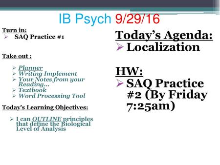 IB Psych 9/29/16 Today’s Agenda: Localization HW: