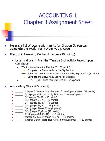 ACCOUNTING 1 Chapter 3 Assignment Sheet