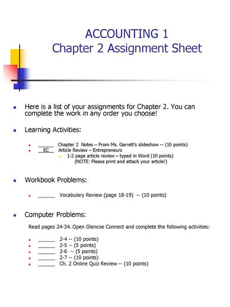 ACCOUNTING 1 Chapter 2 Assignment Sheet