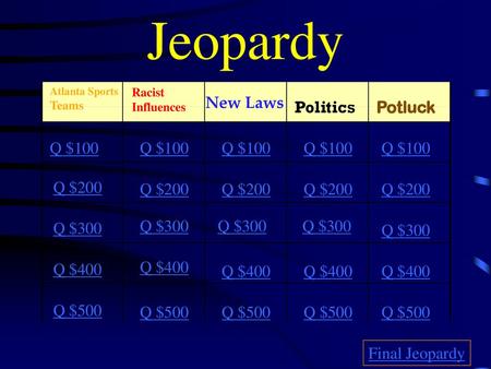 Jeopardy New Laws Politics Potluck Q $100 Q $100 Q $100 Q $100 Q $100