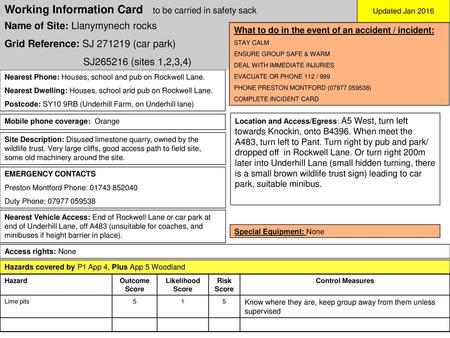 Working Information Card to be carried in safety sack