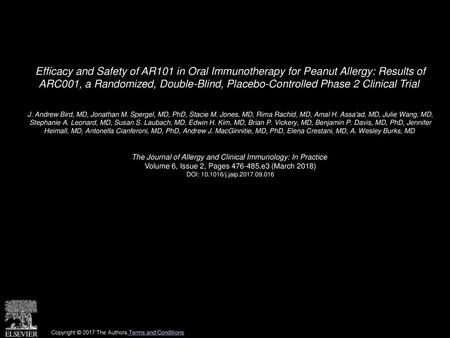 Efficacy and Safety of AR101 in Oral Immunotherapy for Peanut Allergy: Results of ARC001, a Randomized, Double-Blind, Placebo-Controlled Phase 2 Clinical.