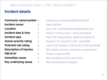 Incident details Contractor name/number	:	(subcontractor-contractor-PDO)/CXXXXXX Incident owner			:	Name / Ref Ind Location 				:	Area / unit - (road/yard/station/rig/hoist/plant.