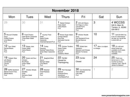 November 2018 Mon Tues Wed Thurs Fri Sat Sun Baked Chicken