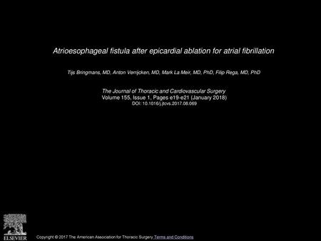 Atrioesophageal fistula after epicardial ablation for atrial fibrillation  Tijs Bringmans, MD, Anton Verrijcken, MD, Mark La Meir, MD, PhD, Filip Rega,