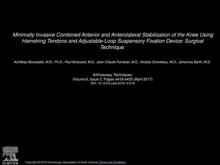 Minimally Invasive Combined Anterior and Anterolateral Stabilization of the Knee Using Hamstring Tendons and Adjustable-Loop Suspensory Fixation Device: