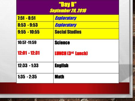 “Day B” September 28, :51 - 8:51 Exploratory 8:53 - 9:53