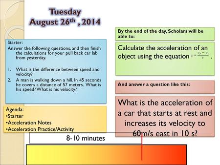 Tuesday August 26th , 2014 By the end of the day, Scholars will be able to: Starter: Answer the following questions, and then finish the calculations.