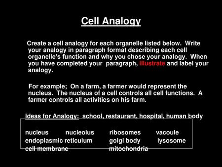 Cell Analogy Create a cell analogy for each organelle listed below. Write your analogy in paragraph format describing each cell organelle’s function and.