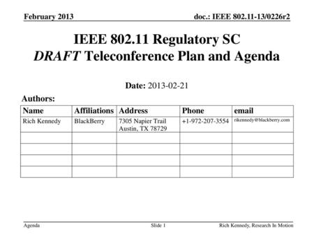 IEEE Regulatory SC DRAFT Teleconference Plan and Agenda