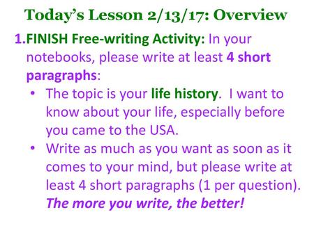 Today’s Lesson 2/13/17: Overview