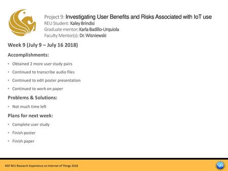 Project 9: Investigating User Benefits and Risks Associated with IoT use REU Student: Kaley Brindisi Graduate mentor: Karla Badillo-Urquiola Faculty.