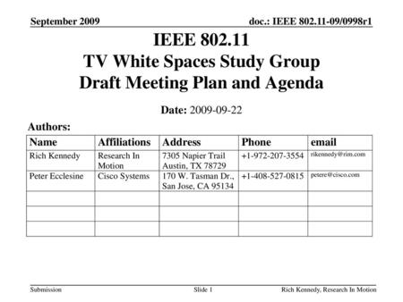 IEEE TV White Spaces Study Group Draft Meeting Plan and Agenda