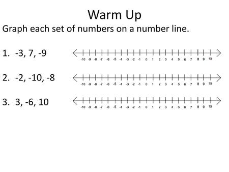 Warm Up Graph each set of numbers on a number line. -3, 7, -9