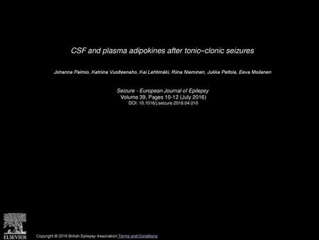 CSF and plasma adipokines after tonic–clonic seizures