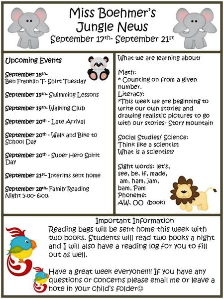 Miss Boehmer’s Jungle News September 17th- September 21st