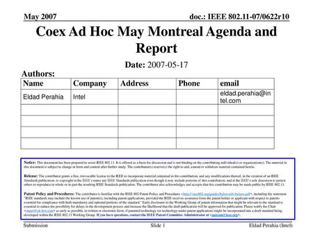 Coex Ad Hoc May Montreal Agenda and Report