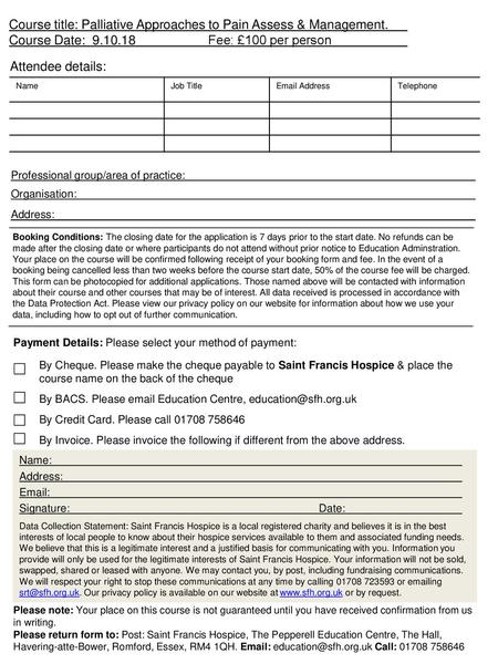 Course title: Palliative Approaches to Pain Assess & Management.