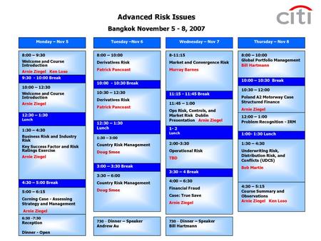 Advanced Risk Issues Bangkok November 5 - 8, 2007 Monday – Nov 5