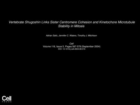 Vertebrate Shugoshin Links Sister Centromere Cohesion and Kinetochore Microtubule Stability in Mitosis  Adrian Salic, Jennifer C. Waters, Timothy J. Mitchison 