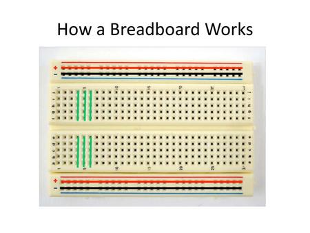 How a Breadboard Works Teacher Notes: This picture depicts the connections on a breadboard. A breadboard is a device used to make simple electrical connections.