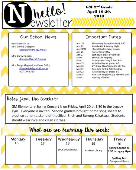 GM 2nd Grade April 16-20, 2018 Apr Elementary Spring 1:30