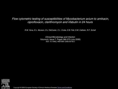 Flow cytometric testing of susceptibilities of Mycobacterium avium to amikacin, ciprofloxacin, clarithromycin and rifabutin in 24 hours  R.M. Vena, E.L.