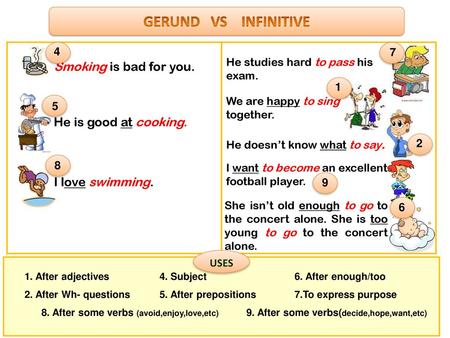 GERUND VS INFINITIVE Smoking is bad for you. He is good at cooking.